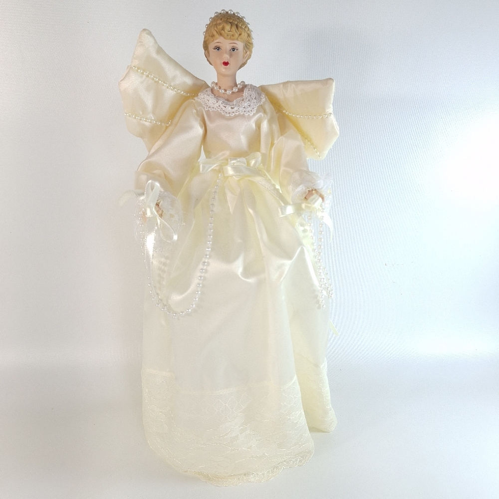 Vintage Porcelain Fabric Angel Tree Topper Holiday Christmas Decoration
